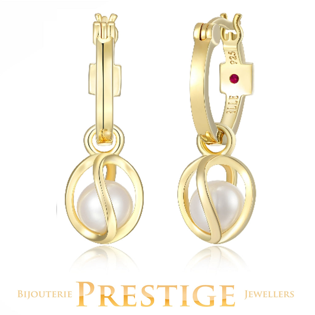 ELLE "LUNA" GOLD PLATED GENUINE 6-6.5MM WHITE PEARL & CAGE ON 15MM HOOP