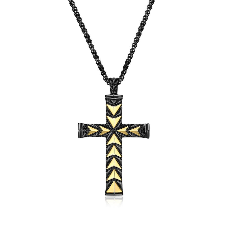 ETHOS "CHEVRON" 2TONE GOLD & GUN COLOR PLATED CROSS PENDANT 24"