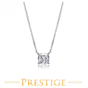 ELLE 925 Signature 8mm Cushion Cut CZ Basket Setting Necklace 17+2 inches