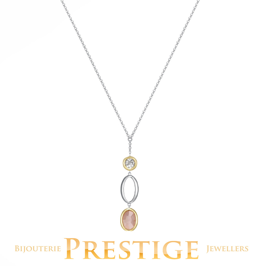 ELLE "Mirage" Rhodium And Gold Plated 2tone Genuine Oval Rose Quartz