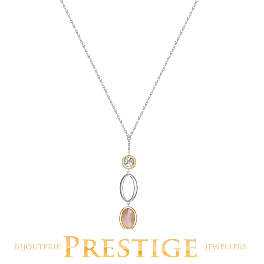 ELLE "Mirage" Rhodium And Gold Plated 2tone Genuine Oval Rose Quartz