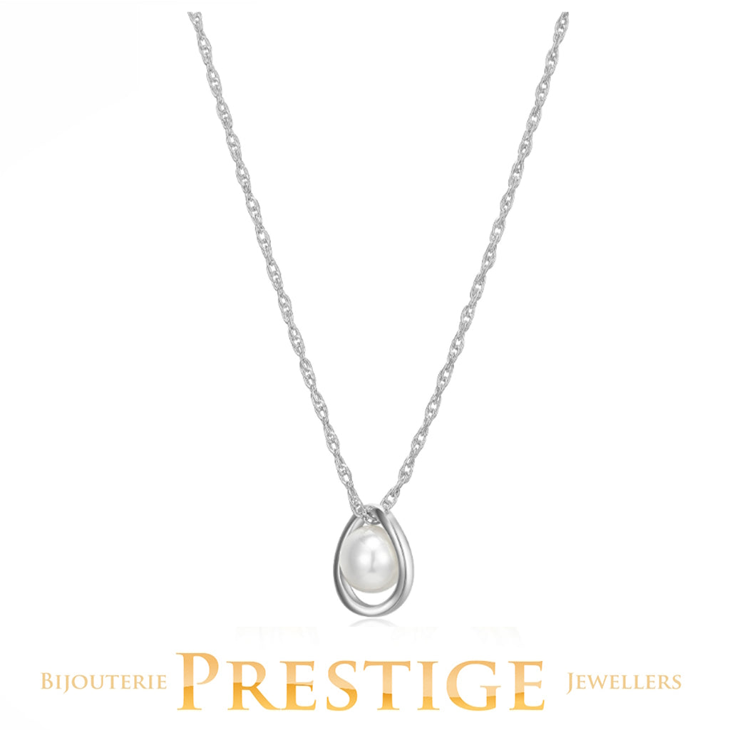 ELLE "LUNA" RHODIUM PLATED GENUINE 6-6.5MM WHITE PEARL NECKLACE 17"+3" EXTENSION
