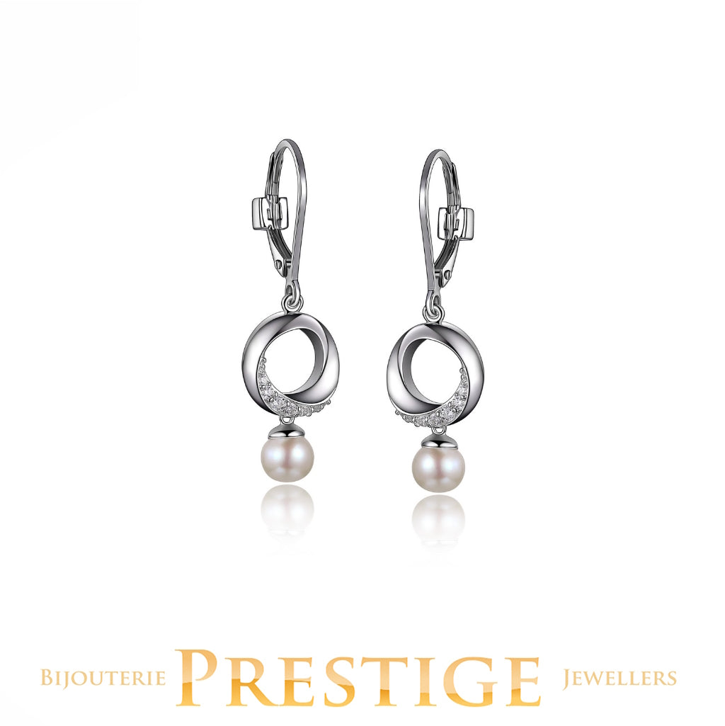 ELLE 925 Majestic Genuine Pearl Circle Dangle Leverback Earrings