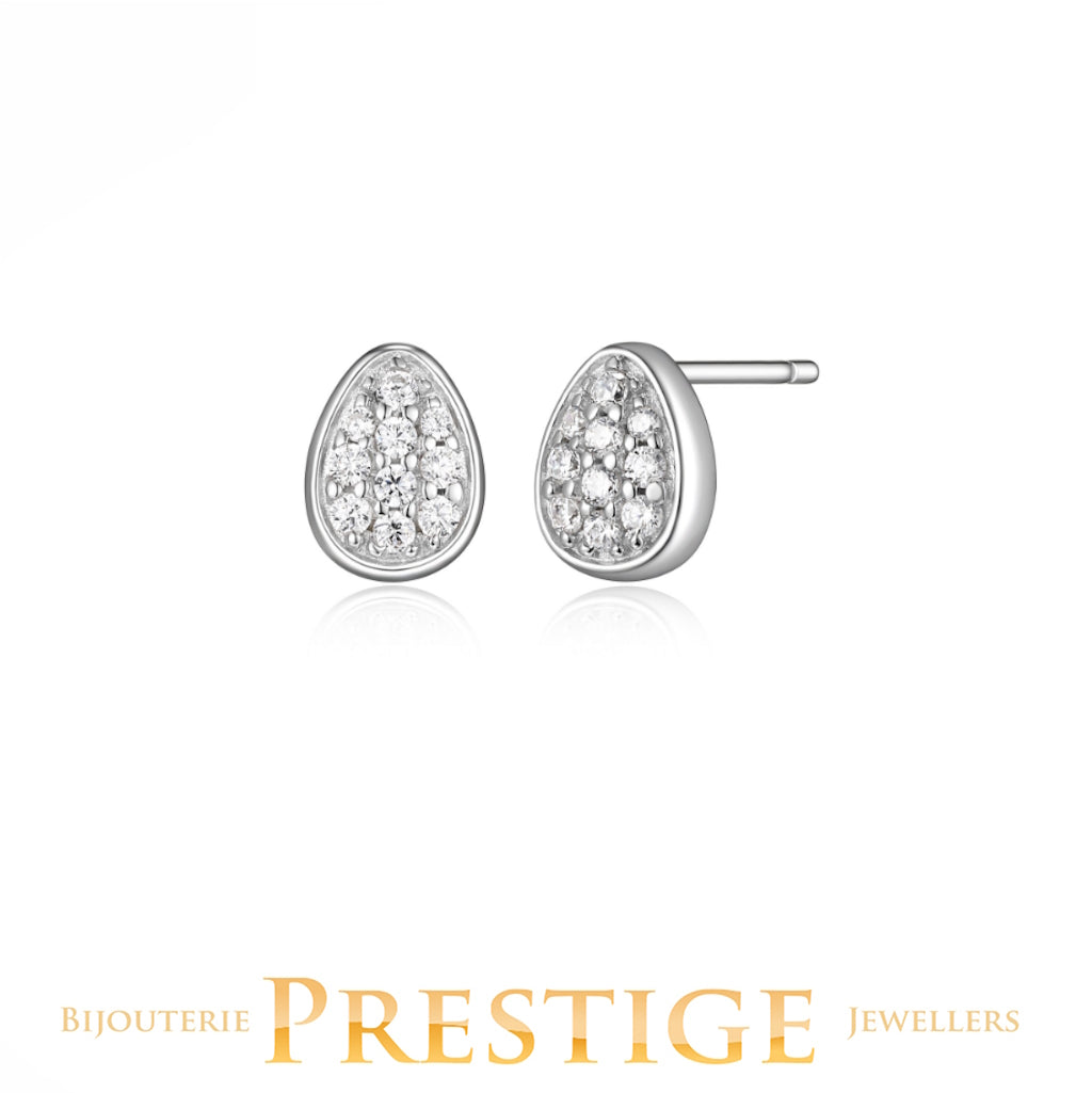ELLE "LAKE MIRROR" RHODIUM PLATED OVIFORM(7X5.5MM) PAVE CZ STUD EARRING