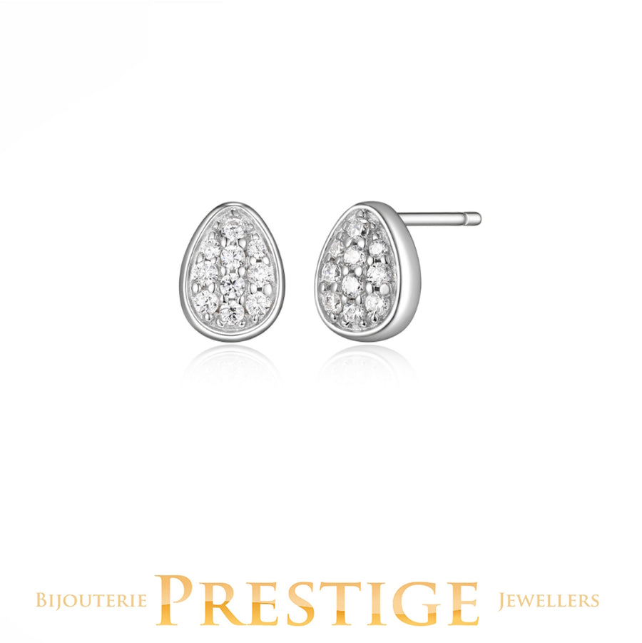 ELLE "LAKE MIRROR" RHODIUM PLATED OVIFORM(7X5.5MM) PAVE CZ STUD EARRING