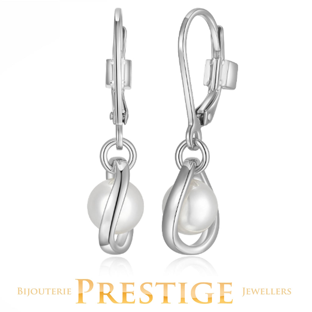 ELLE "LUNA" RHODIUM PLATED GENUINE 5.5-6MM WHITE PEARL DROP LEVER BACK