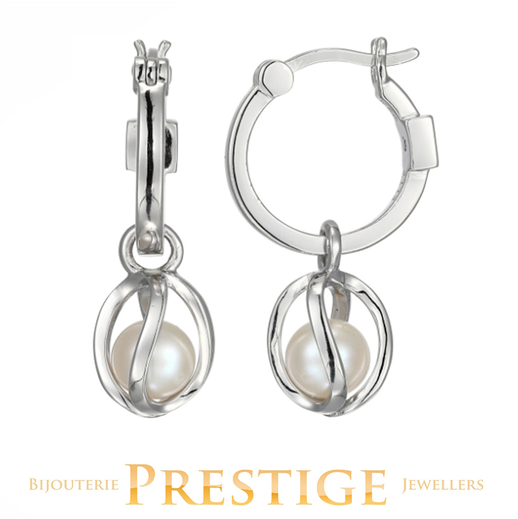 ELLE "LUNA" RHODIUM PLATED GENUINE WHITE PEARL & CAGE ON 15MM HOOP