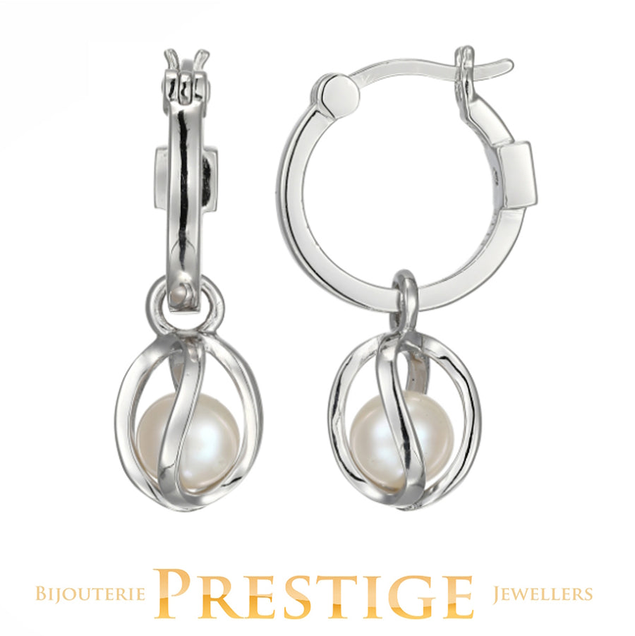 ELLE "LUNA" RHODIUM PLATED GENUINE WHITE PEARL & CAGE ON 15MM HOOP