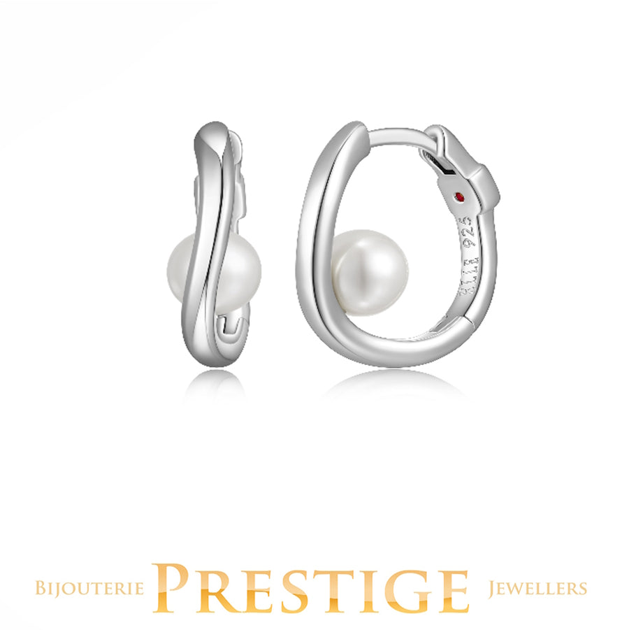 ELLE "LUNA" RHODIUM PLATED GENUINE 5-5.5MM WHITE PEARL ON 16MM HOOP