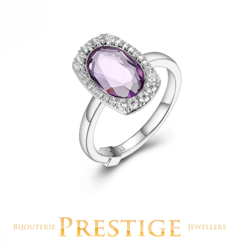 ELLE "AUREOLE" RHODIUM PLATED GENUINE  OVAL AMETHYST 11X7MM & CUBIC ZIRCONIA RING