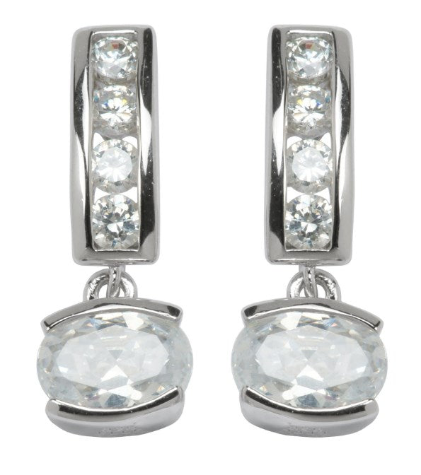 Sterling Silver Rhodium Plated Oval Drop Cubic Zirconia Earring.  Stone size: 7x5(mm)