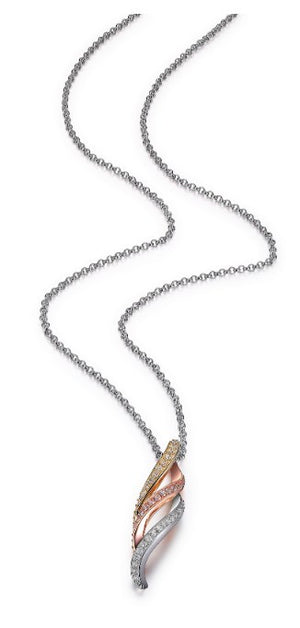 Sterling Silver Rhodium and Gold Plated 3-Tone Twisted Cubic Zirconia Necklace 16" with 2" extender